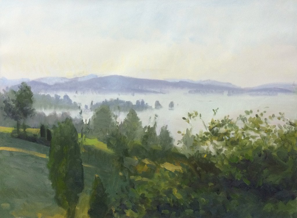 Morning Fog: Snohomish Valley, oil on prepared paper, 22 x 30 inches, copyright ©2014