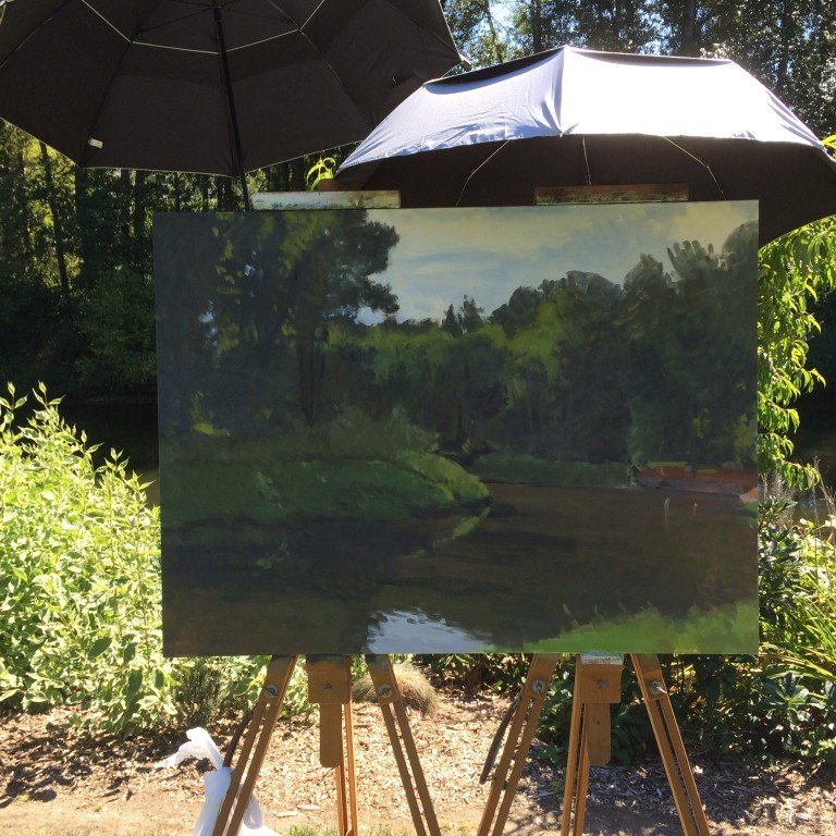 Bothell Landing, oil on canvas, 30 x 40 inches, work in progress.