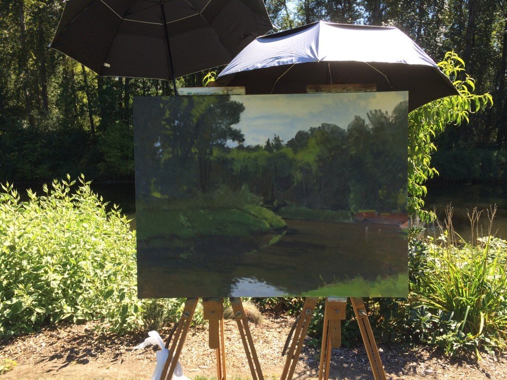 Bothell Landing, oil on canvas, 30 x 40 inches, work in progress.