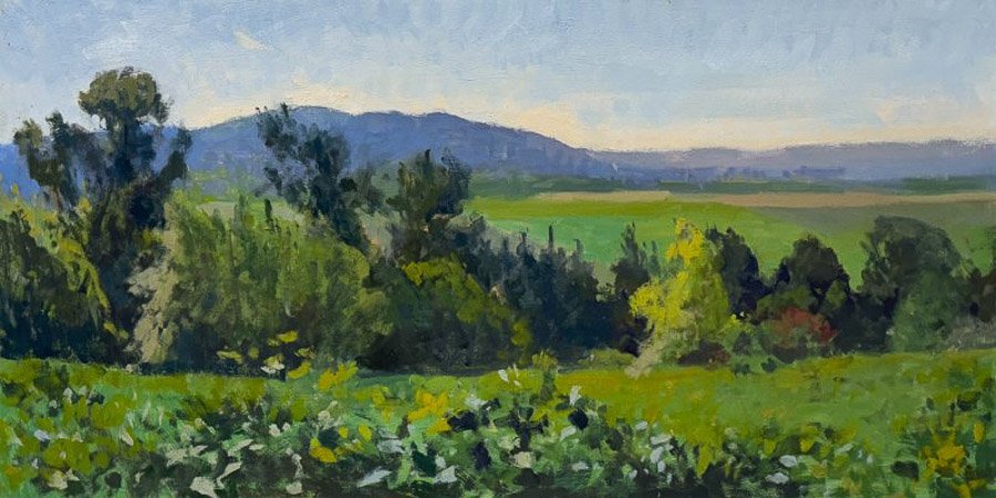 FIELDS AND FOREVER, oil on MDH panel, 18 x 36 inches, copyright ©2023, $2,800.00