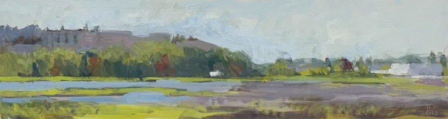 EDMONDS MARSH PANO, oil on ACM panel, 8 x 30 inches, copyright ©2023, $1,200.00