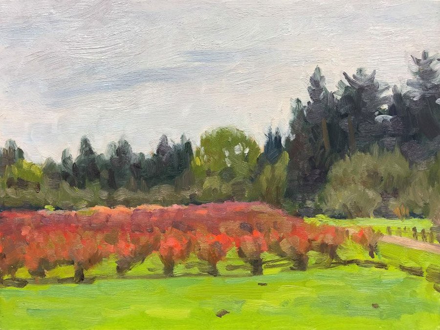 LARSEN LAKE BLUEBERRY FARM, oil on MDH panel, 9 x 12 inches, copyright ©2018, $850.00